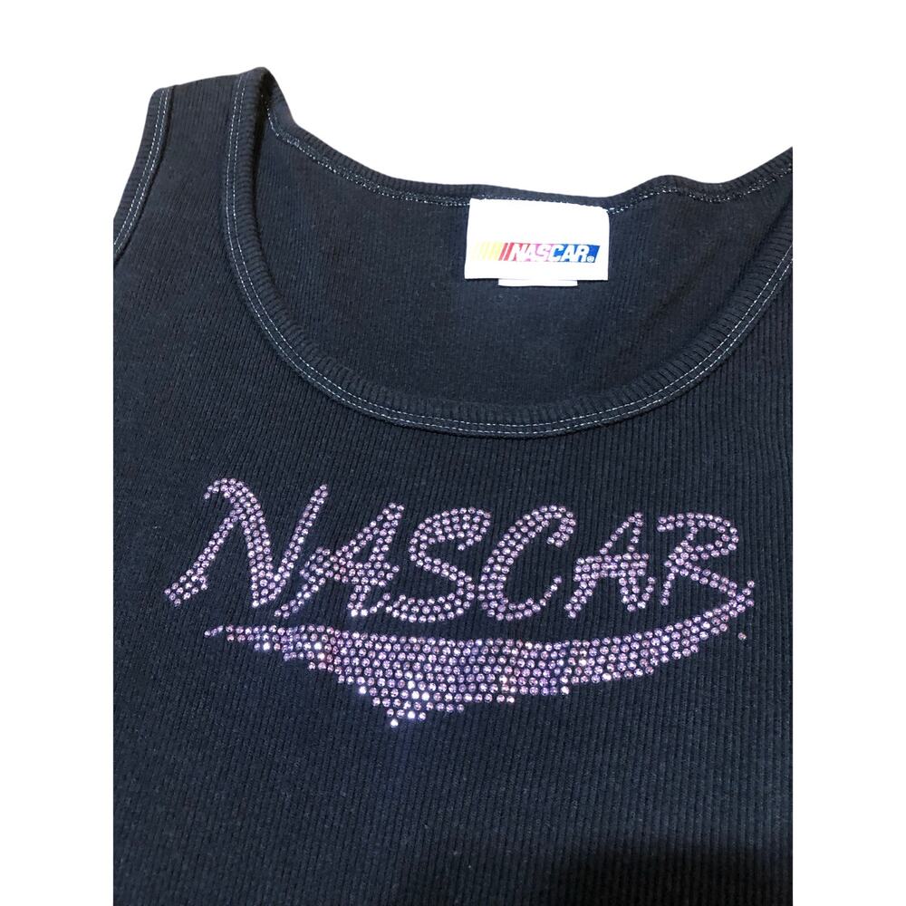 NASCAR Ladies Large L Black Ribbed Pink Rhinestone Tank Top Shirt Car Racing Fan - Picture 5 of 5
